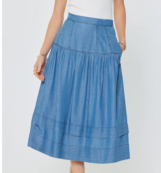 Chambray Tiered Midi Skirt