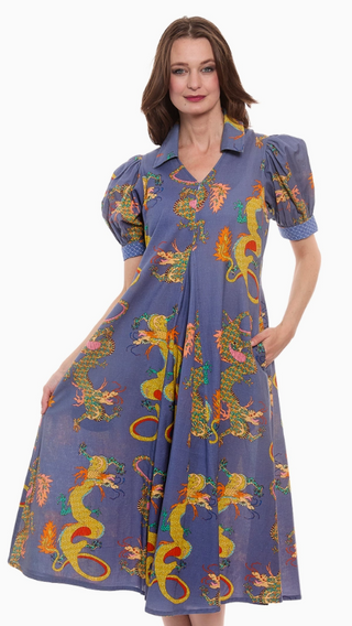 Montauk Dress Blue Dragons Print