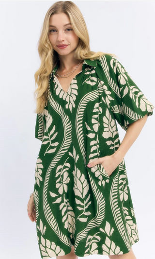 Leafy Ogee Print Mini Dress