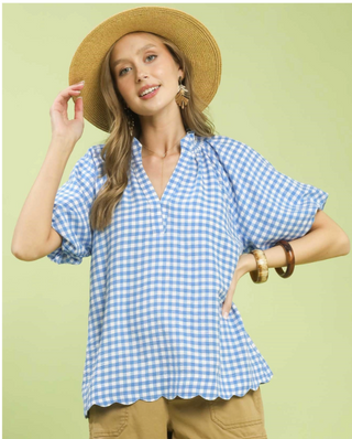 Blue Gingham Puff Sleeve Top