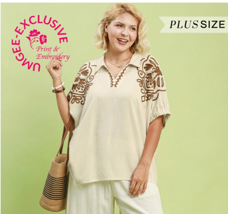 Oatmeal Floral Embroidery Sleeve Top