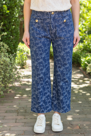 Gold Button Double Pocket Printed Straight Leg Pants