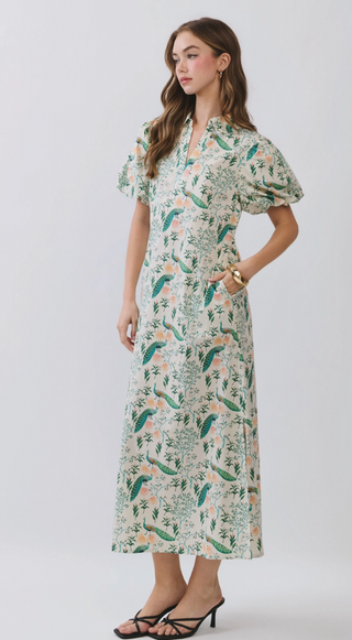 Peacock Print Puff Sleeve Midi Dress