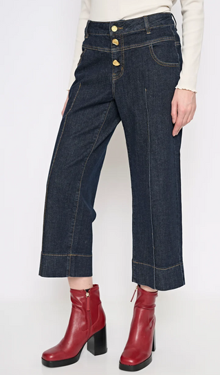 Gold Button Wide-Leg Cropped Jeans
