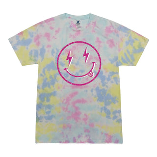 Smiley Face w/Hot Pink Glitter T-Shirt in Tie Dye