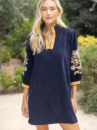 The Adeline Midnight Gold Embroidered Sleeve Velvet Shift Dress