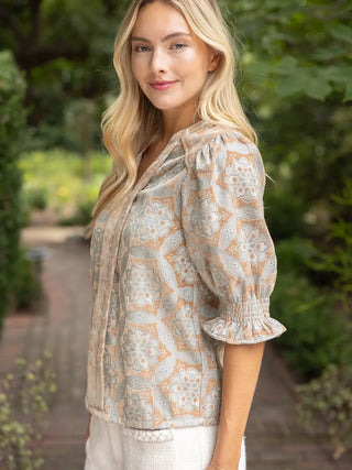 The Ava Smocked Puff Sleeve Geometric Velvet Jacquard Top