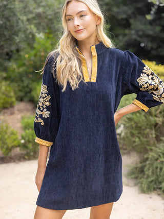 The Adeline Midnight Gold Embroidered Sleeve Velvet Shift Dress