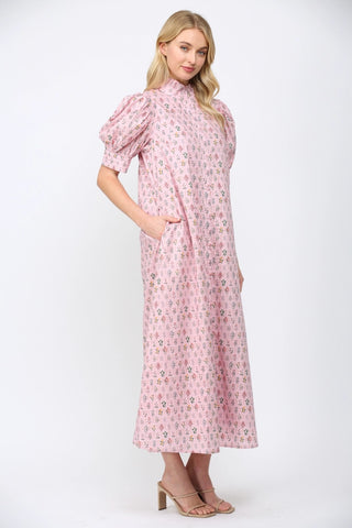 Floral High Ruffled Mock Neck Button Down Maxi Dress