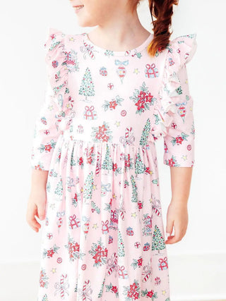 Pink Christmas 3/4 Sleeve Ruffle Twirl Dress