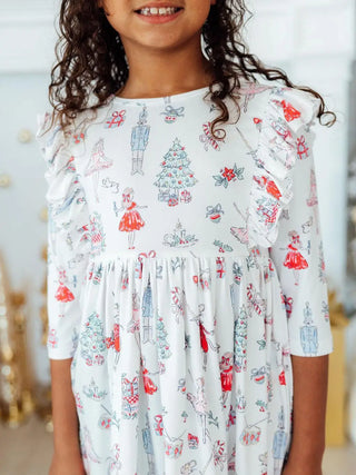 Clara's Christmas 3/4 Sleeve Ruffle Twirl Dress