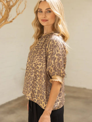 The Aria Raglan Puff Sleeve Metallic Animal Print Top
