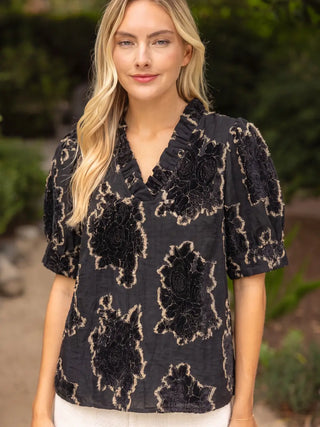 The Autumn Ruffled V-Neck Textured Burnout Velvet Top