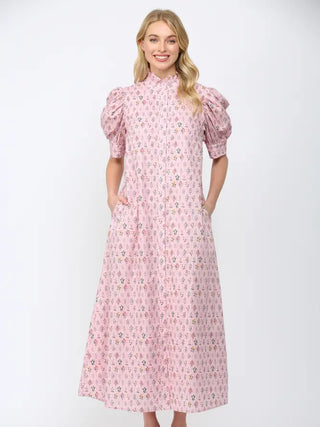 Floral High Ruffled Mock Neck Button Down Maxi Dress