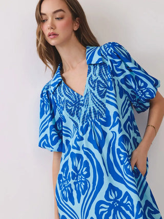 Mira Blue Medallion Print Midi Dress
