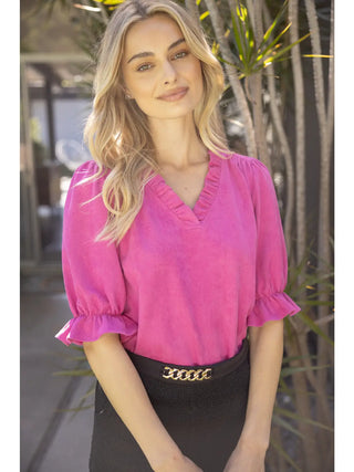 Wide Ruffle V Neck Suede Top
