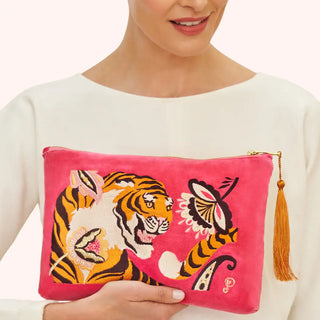 Velvet Embroidered Zip Pouch - Thrill of the Tiger
