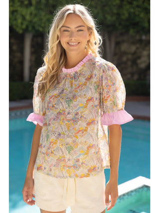 The Margaret Stripe Ruffle Detail Floral Embroidered Print Top