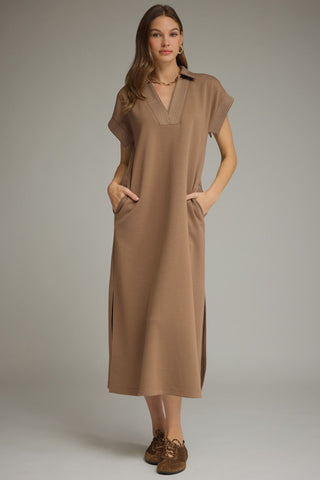 The Brooklyn Solid Collared Short Sleeve Midi Dress