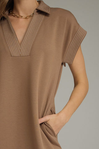 The Brooklyn Solid Collared Short Sleeve Midi Dress