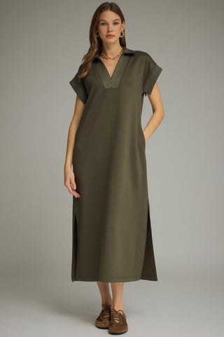The Brooklyn Solid Collared Short Sleeve Midi Dress