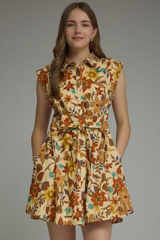The Amber Floral Sleeveless Mini Dress Featuring Self-tie Belt At Waist