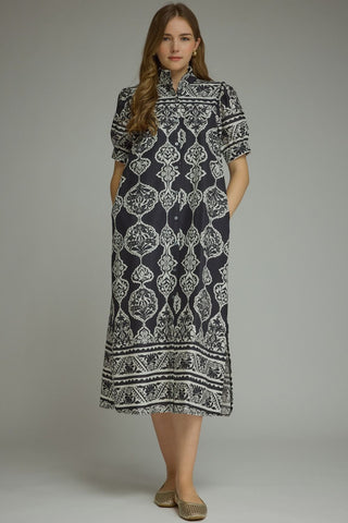 The Samantha Ornamental Print Short Puff Sleeve Midi Dress