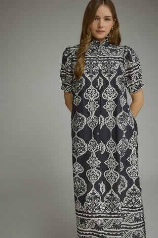 The Samantha Ornamental Print Short Puff Sleeve Midi Dress