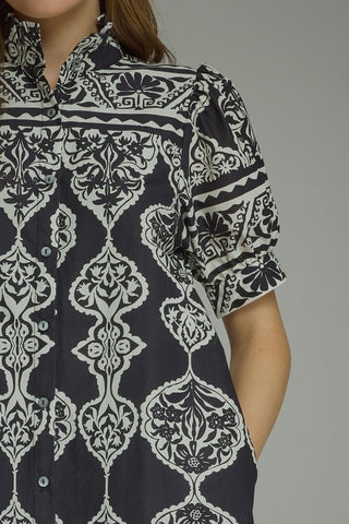 The Samantha Ornamental Print Short Puff Sleeve Midi Dress