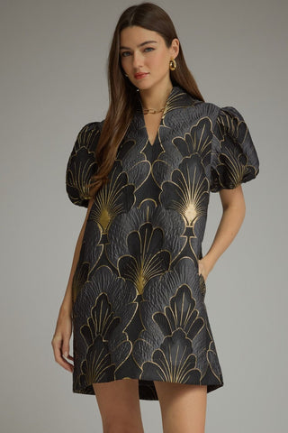 The Beatrice Floral Jacquard Short Puff Sleeve Mini Dress
