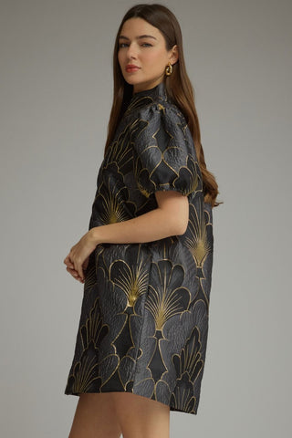 The Beatrice Floral Jacquard Short Puff Sleeve Mini Dress