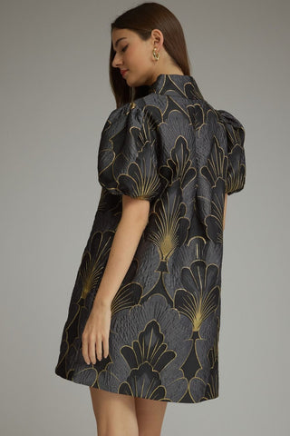 The Beatrice Floral Jacquard Short Puff Sleeve Mini Dress