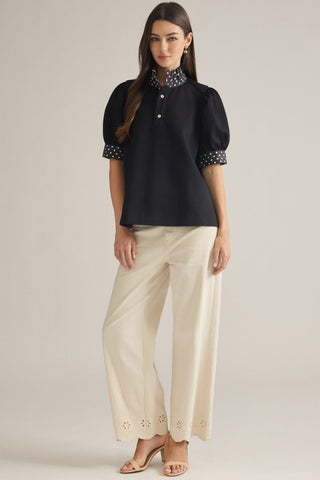 The Adeline Polka Dot Accent Short Puff Sleeve Top