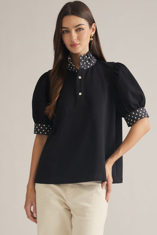 The Adeline Polka Dot Accent Short Puff Sleeve Top