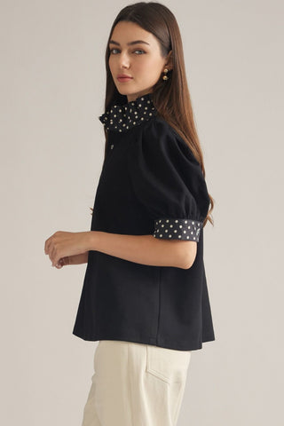 The Adeline Polka Dot Accent Short Puff Sleeve Top