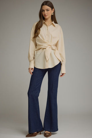 The Audrey Solid Long Sleeve Top Featuring Button Closure At Front And Self-tie Waist
