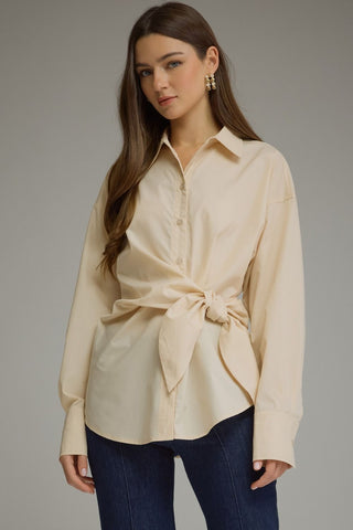 The Audrey Solid Long Sleeve Top Featuring Button Closure At Front And Self-tie Waist