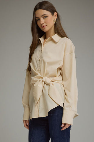 The Audrey Solid Long Sleeve Top Featuring Button Closure At Front And Self-tie Waist