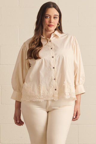 The Alice Solid 3/4 Puff Sleeve Top Featuring Lace Trim Hem