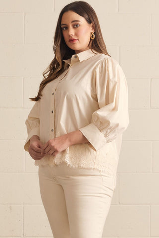 The Alice Solid 3/4 Puff Sleeve Top Featuring Lace Trim Hem