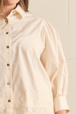 The Alice Solid 3/4 Puff Sleeve Top Featuring Lace Trim Hem