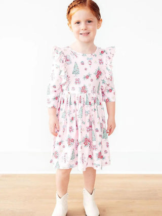 Pink Christmas 3/4 Sleeve Ruffle Twirl Dress