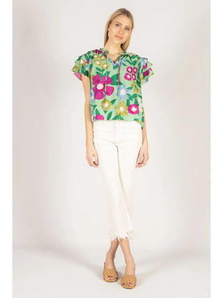Ruffled Floral Print Short Sleeve Top