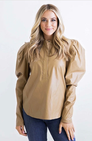 Pleather Puff Slv Top - Khaki
