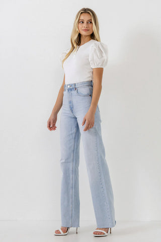 Mixed Media Puff Sleeve Henley Top