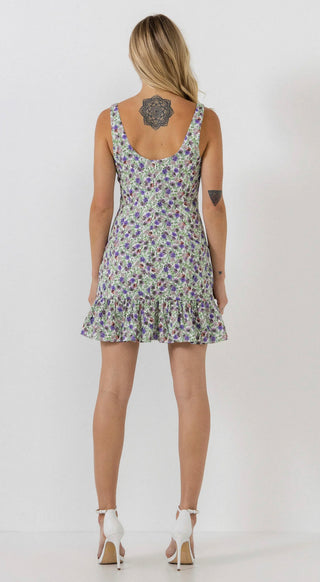 Floral Scooped Back Mini Ruffled Dress
