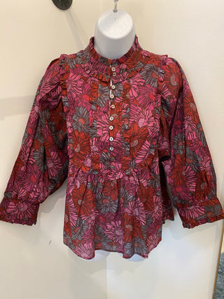 Floral Button Ruffle Puff Sleeve Top