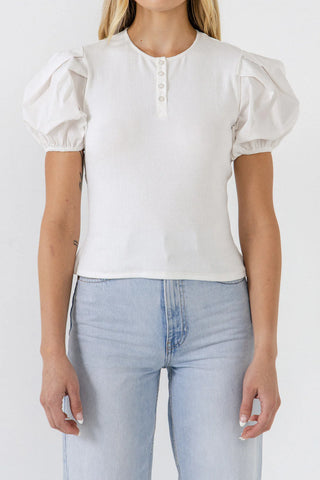 Mixed Media Puff Sleeve Henley Top