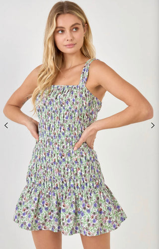 Floral Scooped Back Mini Ruffled Dress