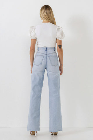 Mixed Media Puff Sleeve Henley Top